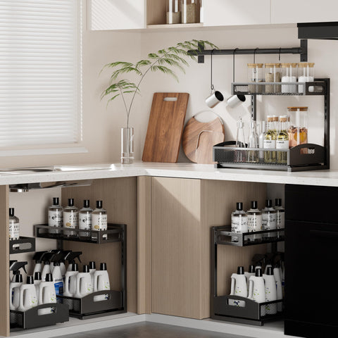 Petiza under sink organizer 2-pack waterproof surface, easy cleaning.