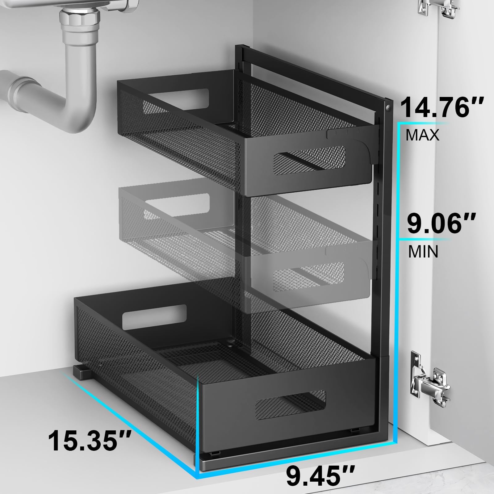 Petiza adjustable-height model offers seven levels to fit varying cabinet depths.