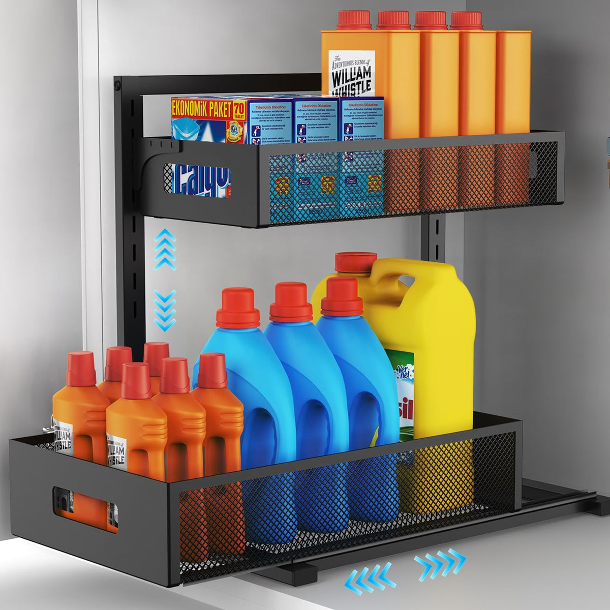 Petiza under-sink organizer with left slide for easy access in tight cabinets.