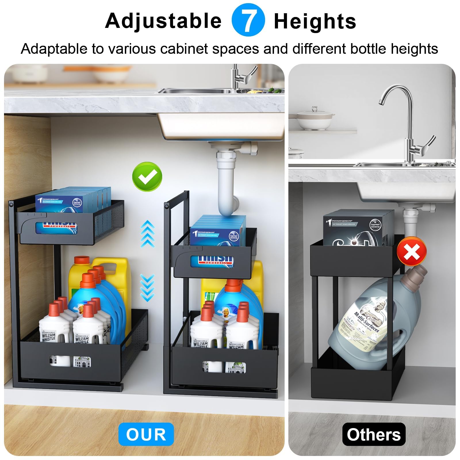 Petiza under-sink organizer with right slide for flexible placement.