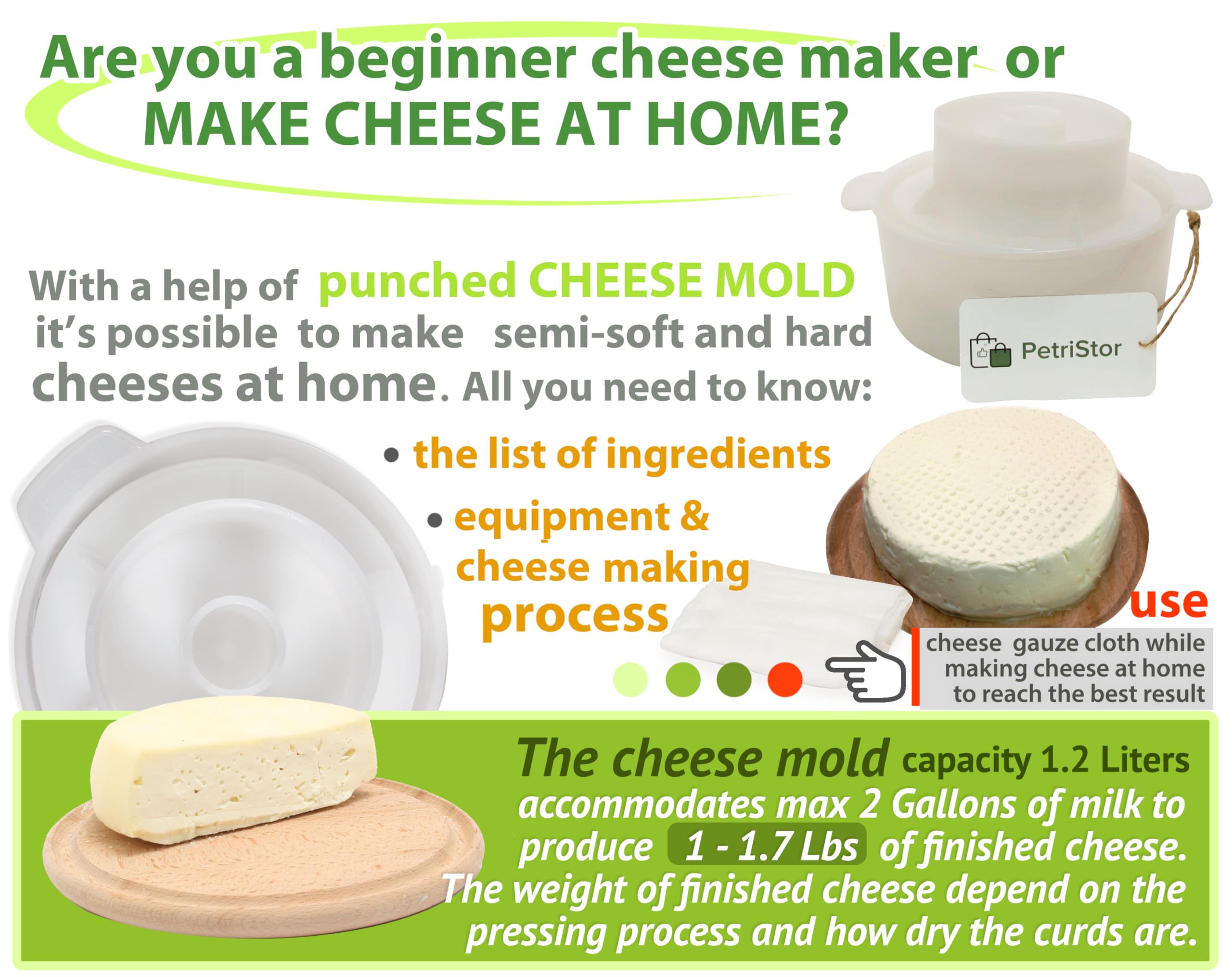 PetriStor cheese mold dimensions show a 6 inch top diameter for efficient molding.
