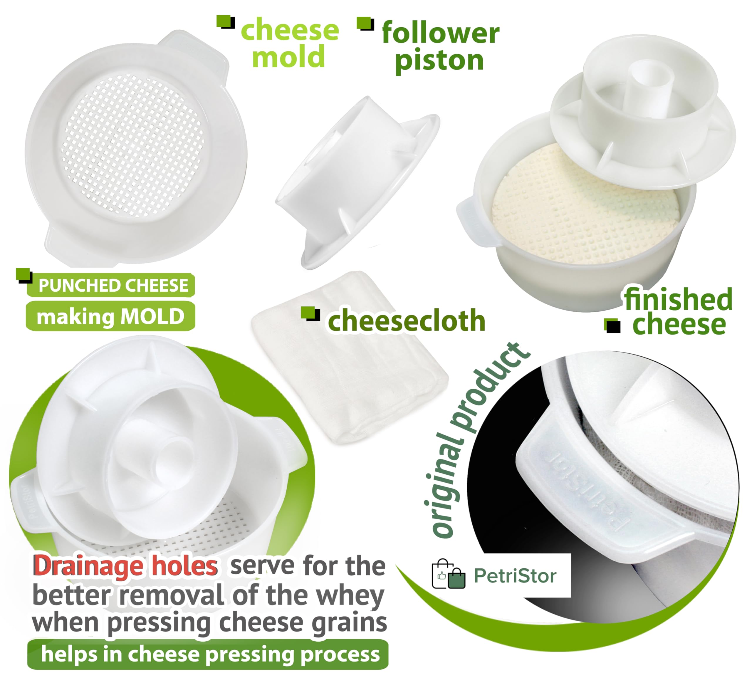 PetriStor piston top diameter 3.9 inches helps even pressing of curds.