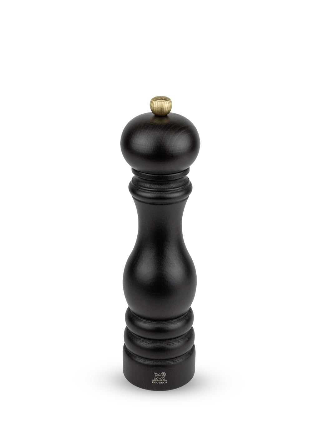 Peugeot Paris manual pepper mill in chocolate beechwood, front view showing sleek, timeless design.