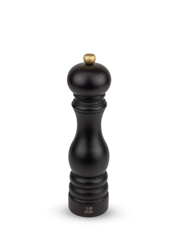 Peugeot Paris manual pepper mill in chocolate beechwood, front view showing sleek, timeless design.