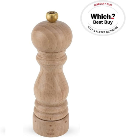 Beechwood grain detail on Peugeot mill highlighting craftsmanship and durability.