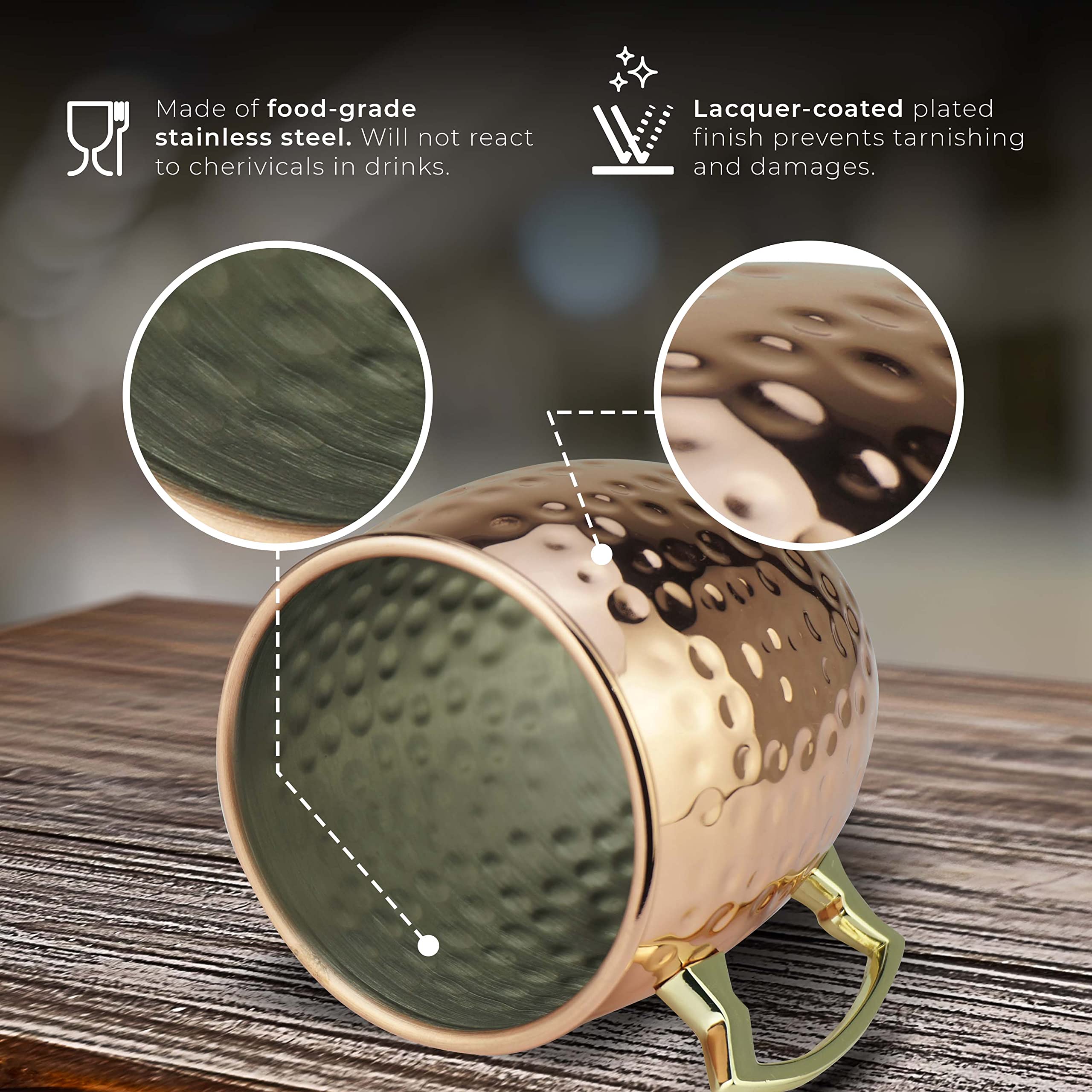 Copper-plated finish on PG Moscow Mule Mugs adds warm luster.