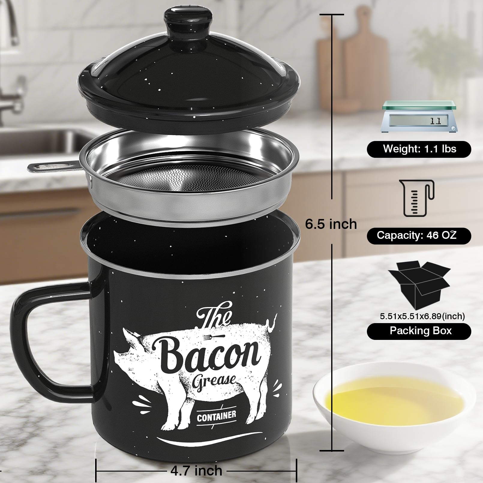 PGYARD 46oz enamel grease keeper highlights large capacity for storage and reuse