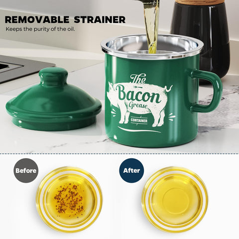PGYARD bacon grease container with removable stainless steel strainer in enamel green.