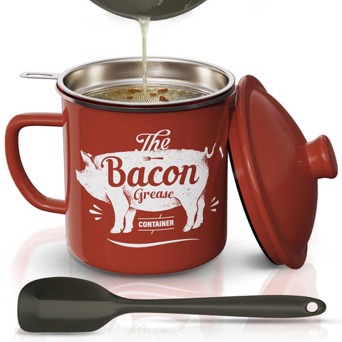 PGYARD bacon grease container with strainer keeps cooking oil clean for reuse.