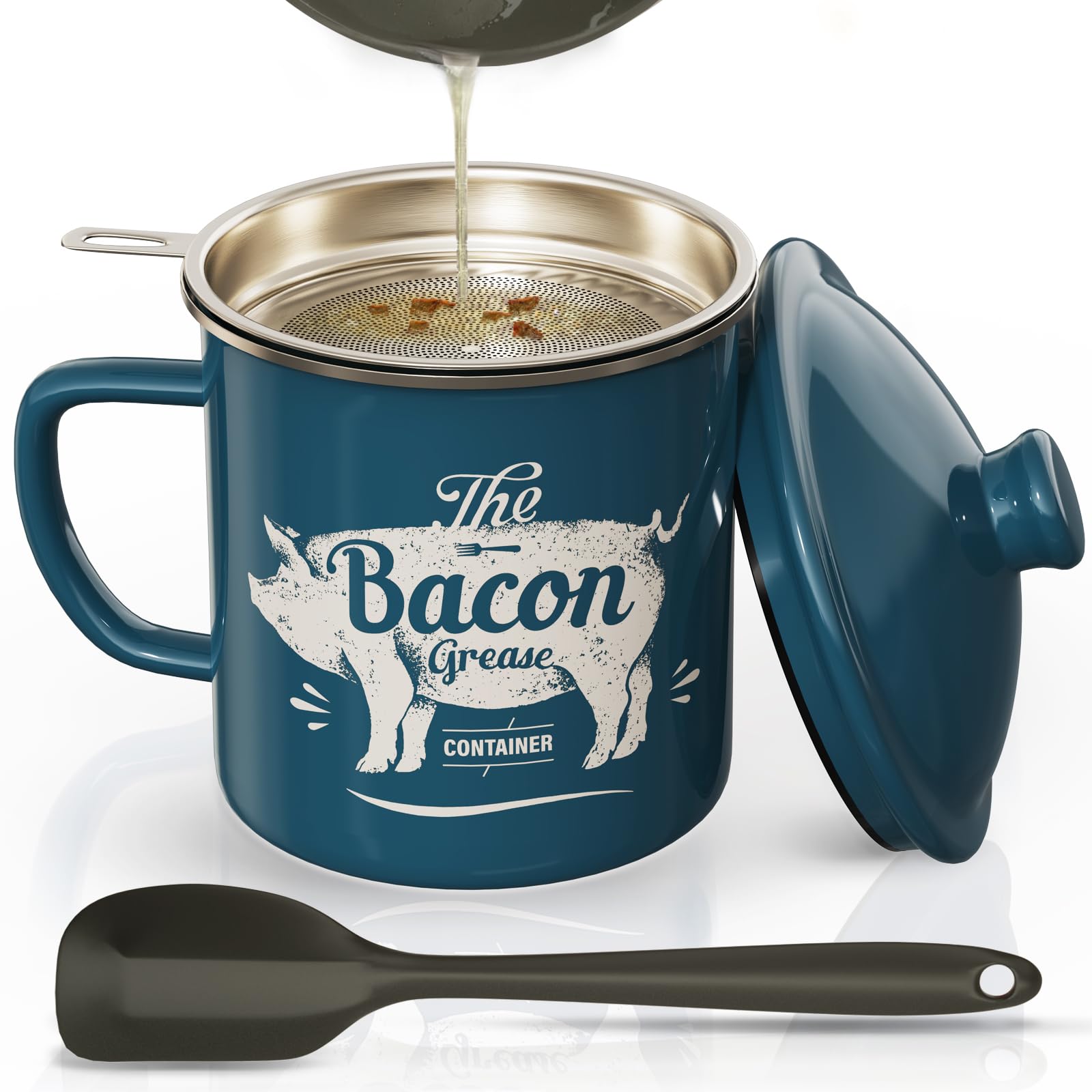 PGYARD bacon grease container with strainer in blue enamel for clean oil storage.