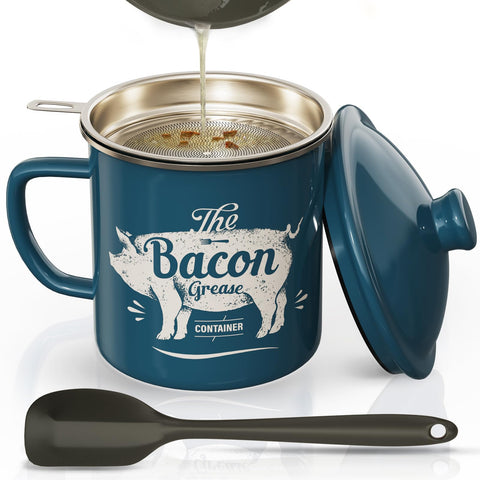 PGYARD bacon grease container with strainer in blue enamel for clean oil storage.