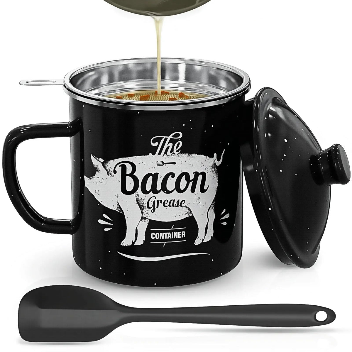 PGYARD bacon grease container with strainer showcases enamel finish for clean fat separation