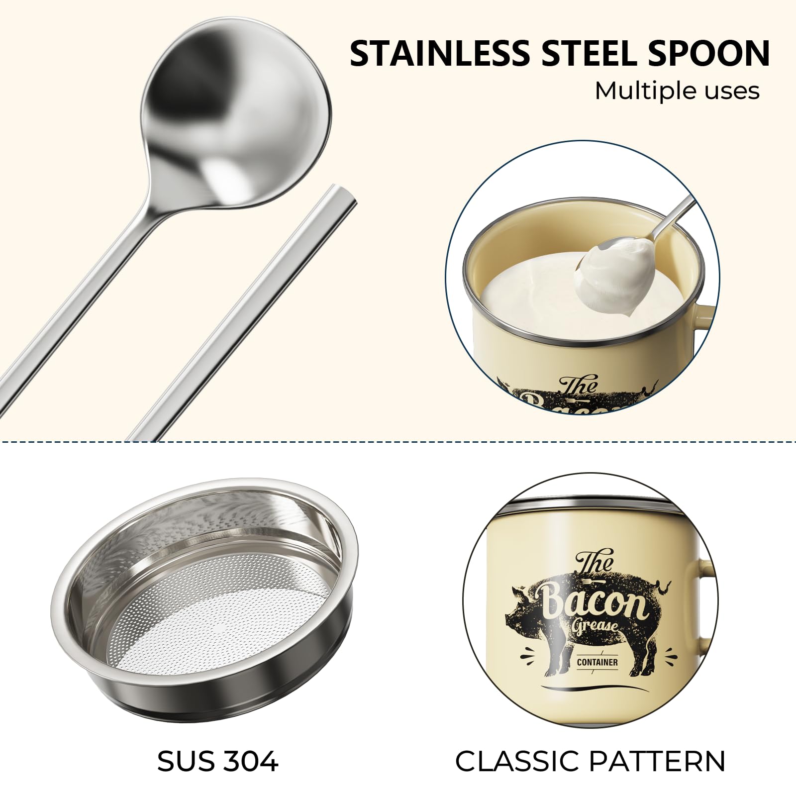 PGYARD beige enamel grease container keeps grease cool to touch.