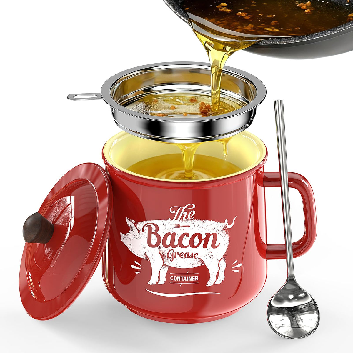 PGYARD ceramic bacon grease saver on counter with strainer for easy reuse