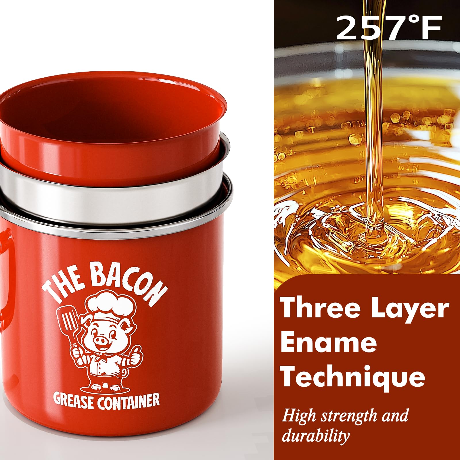 15oz PGYARD grease keeper with fine mesh strainer for clean fat separation.