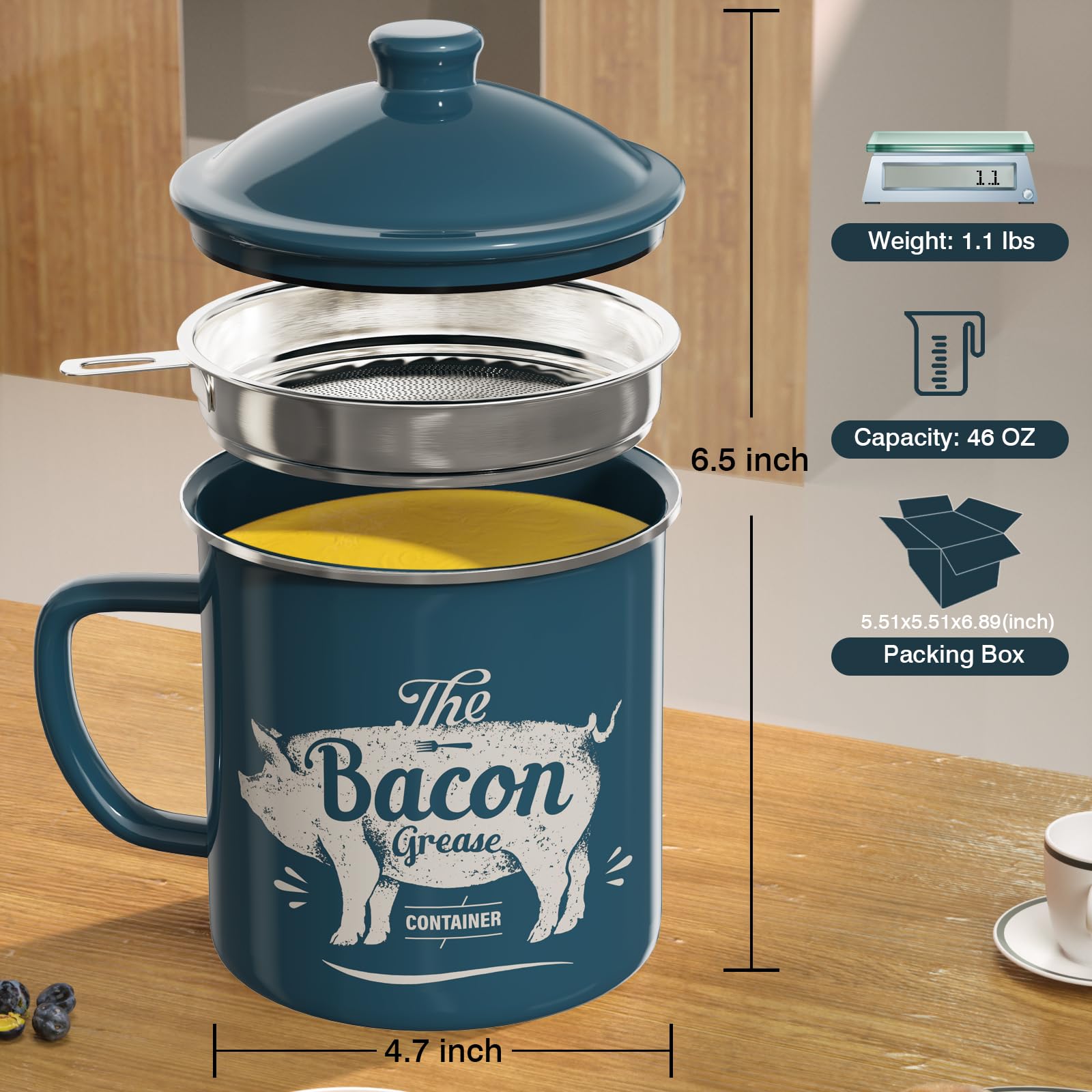 PGYARD enamel grease keeper 46oz with lid to reduce odors and dust.