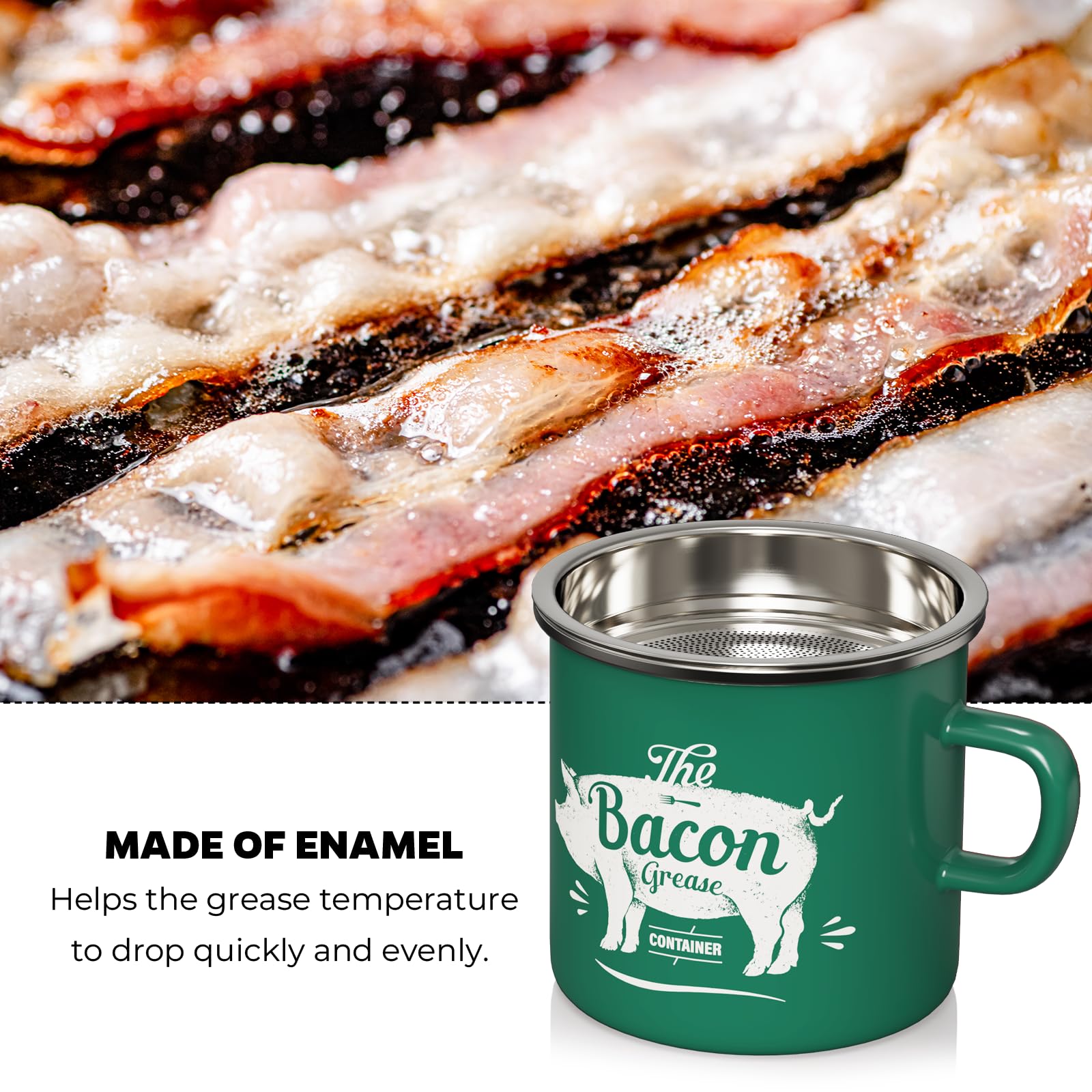 PGYARD enamel grease keeper shown as dishwasher-safe green design.