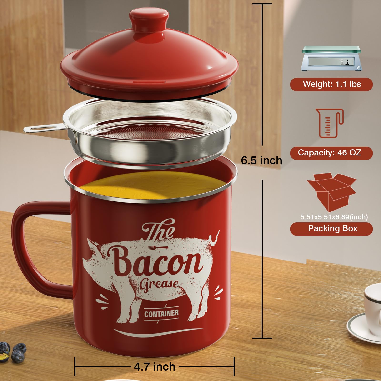 PGYARD enamel grease keeper in red adds farmhouse style and practical storage.