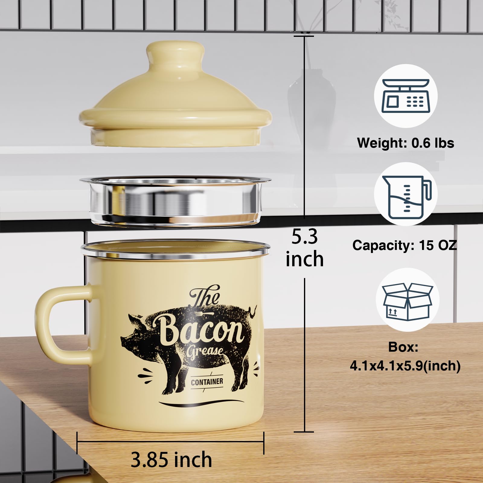 PGYARD enamel grease saver in beige with lid preserves freshness and limits odors.