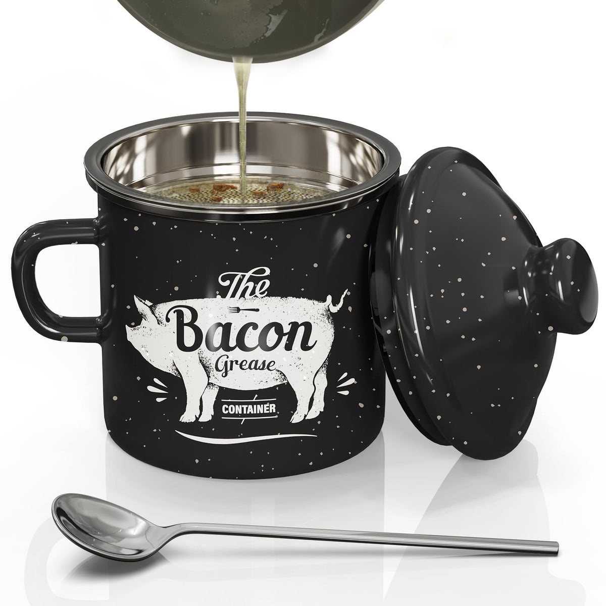 PGYARD Mini Bacon Grease Container pour spout for easy transfer and clean pouring.