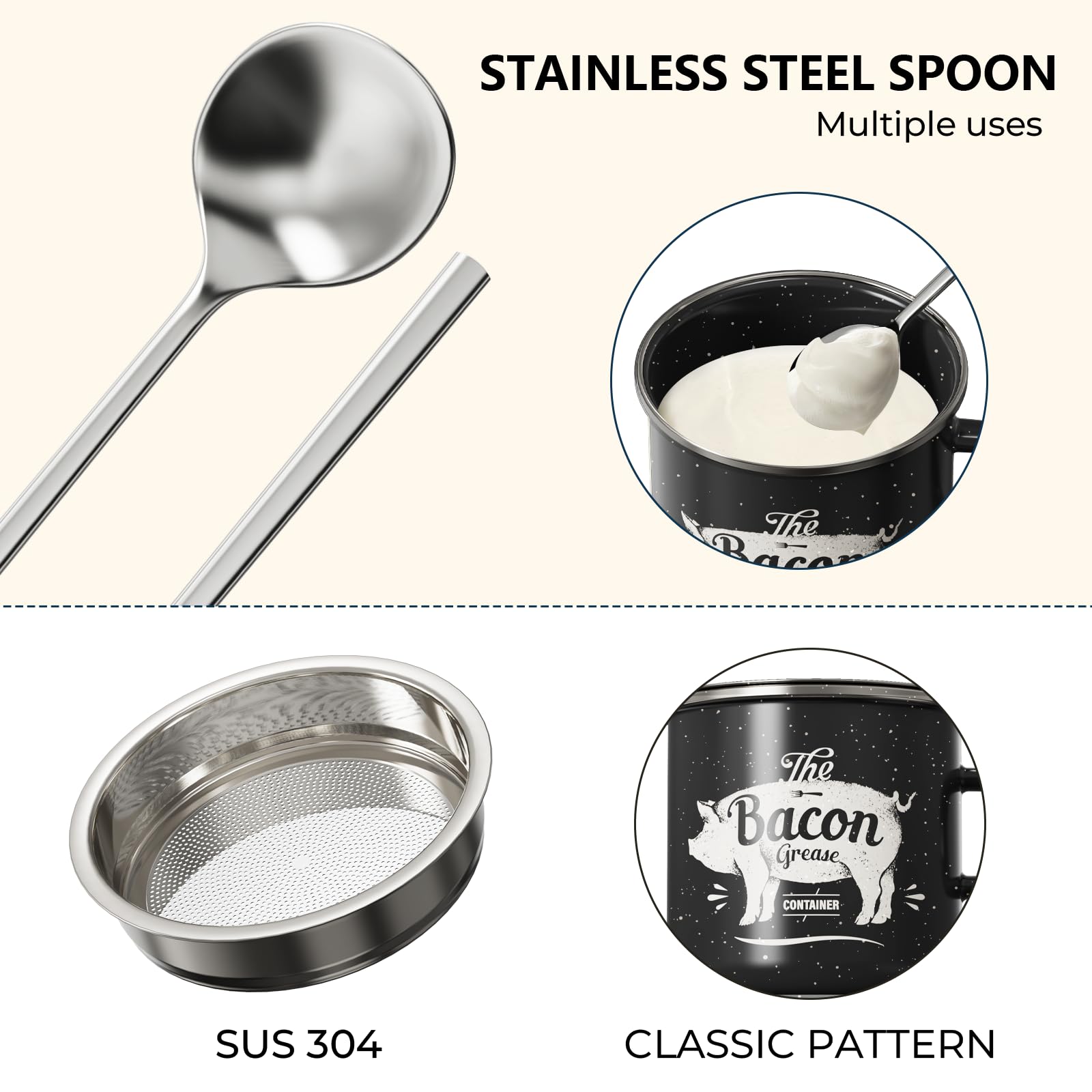 PGYARD stainless steel spoon included for scraping and stirring fat.