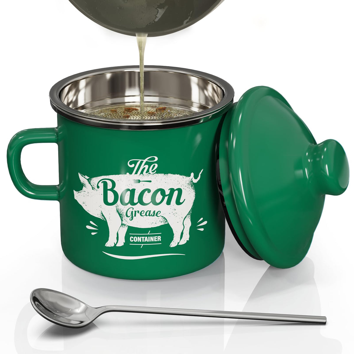 PGYARD mini bacon grease container with strainer in enamel green for easy oil filtration.