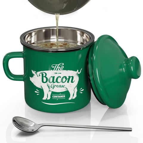 PGYARD mini bacon grease container with strainer in enamel green for easy oil filtration.