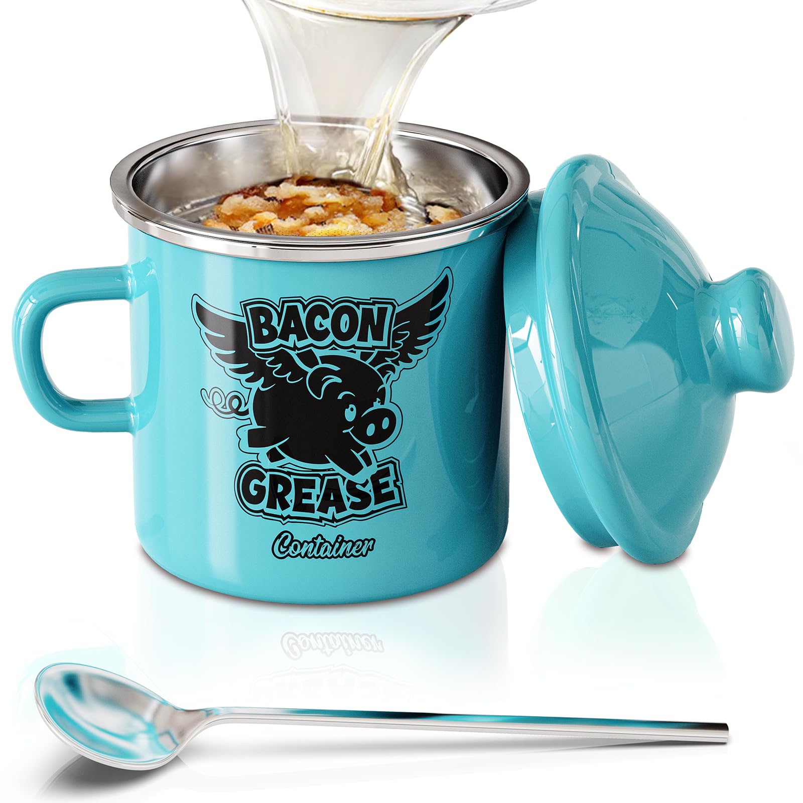 PGYARD mini bacon grease container with strainer 15oz keeps frying oil organized.
