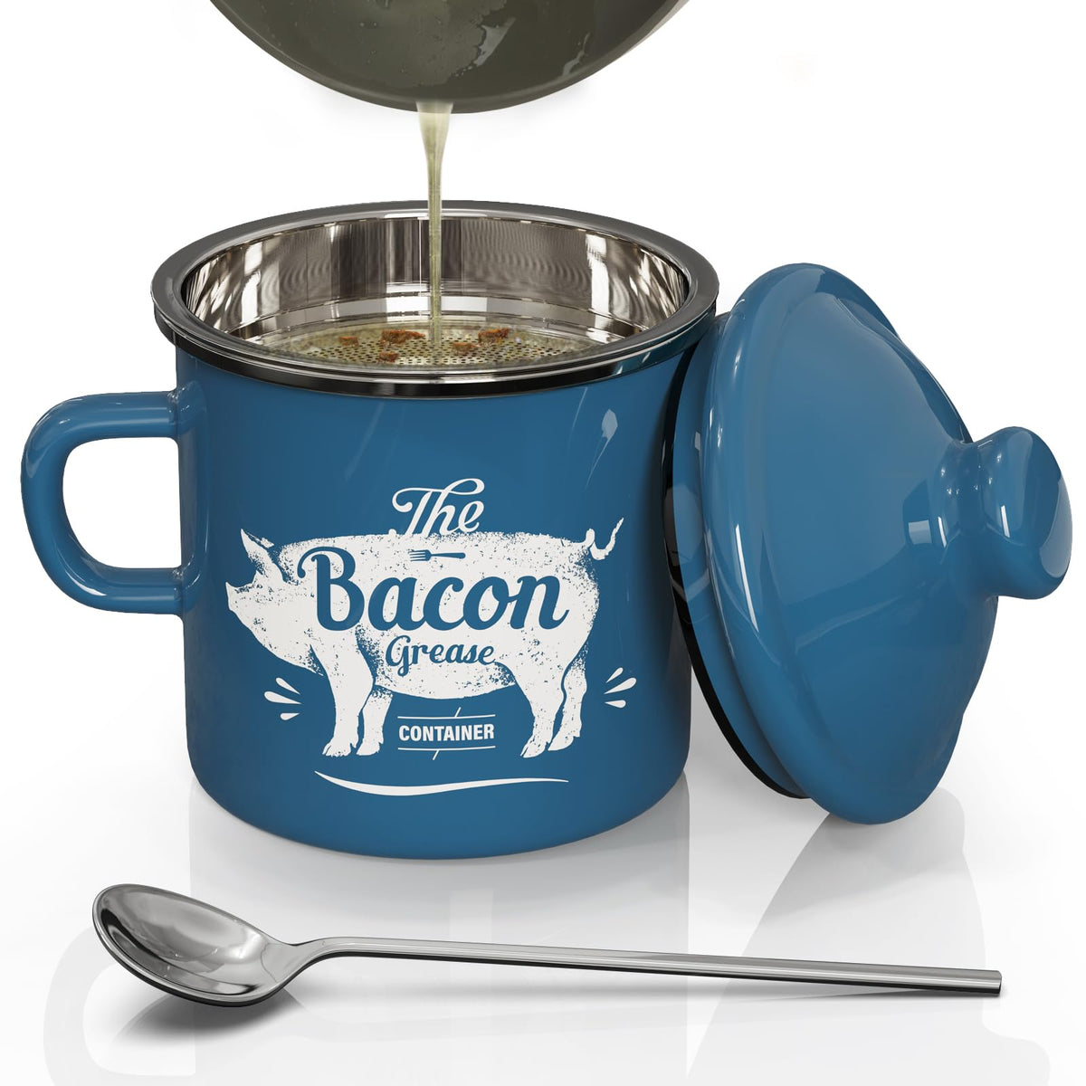PGYARD mini bacon grease container with strainer for easy filtration and storage.