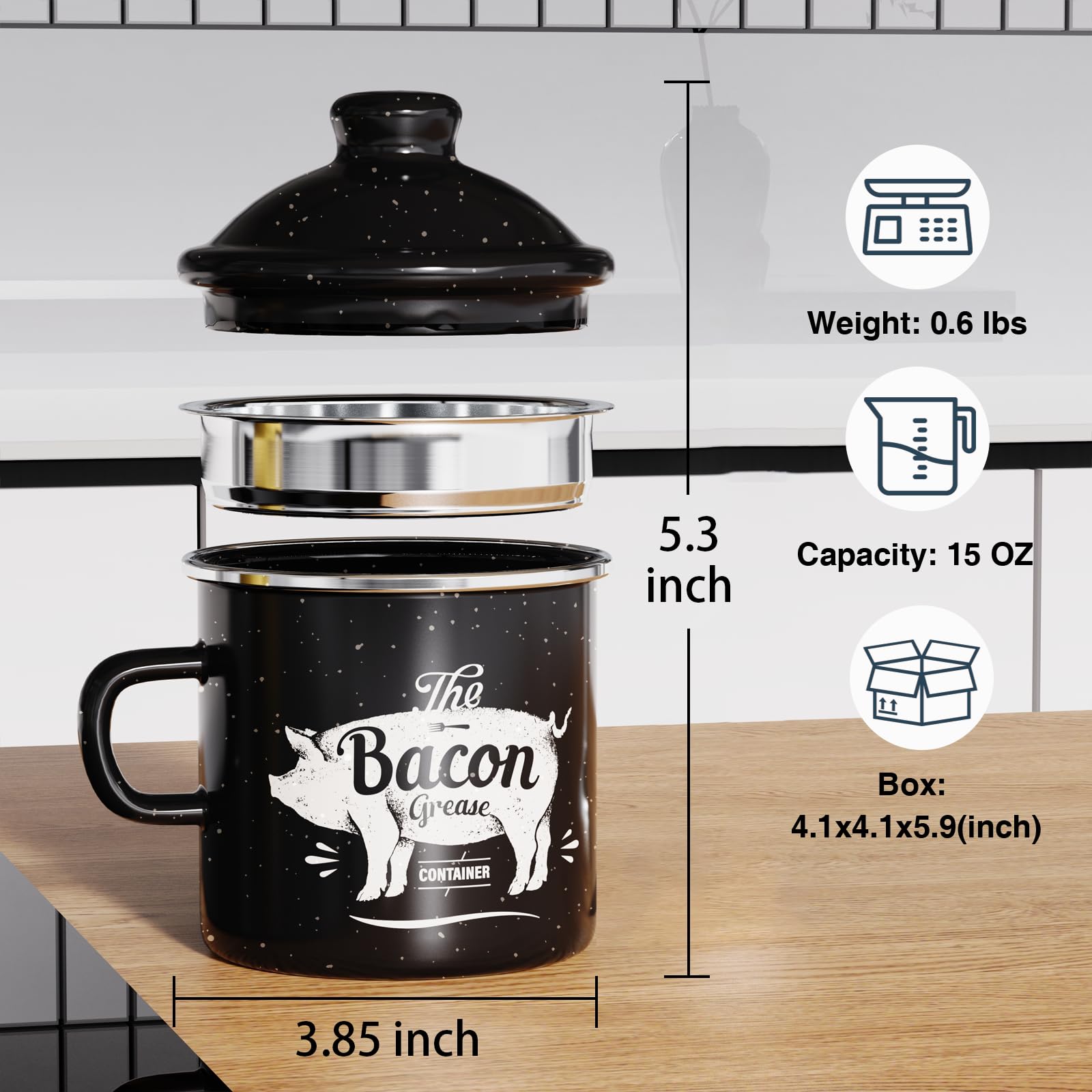 PGYARD grease keeper with strainer demonstrates fine mesh filtration for cleaner bacon grease.