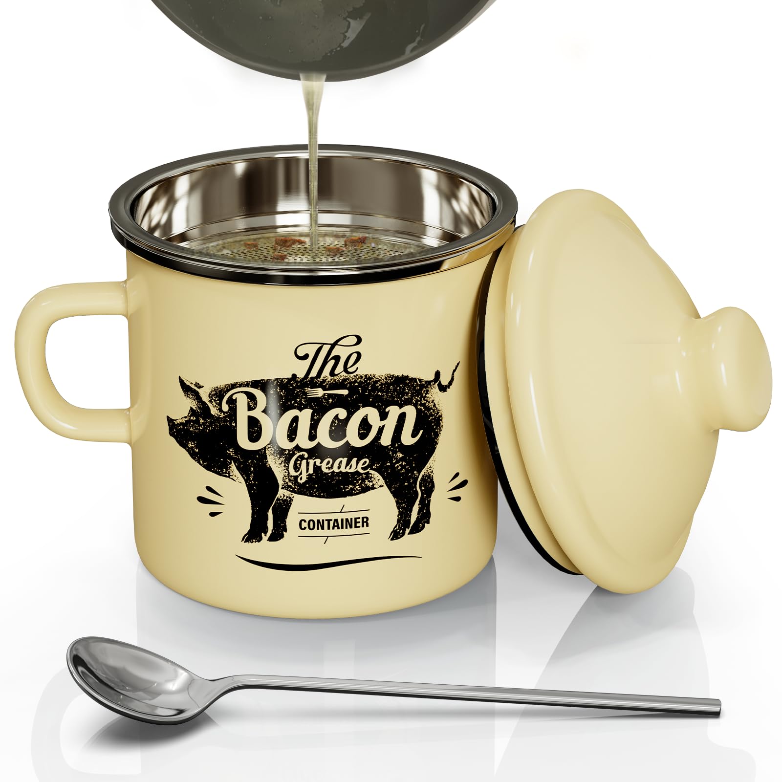 PGYARD mini bacon grease container with strainer keeps fat separate for clean reuse.