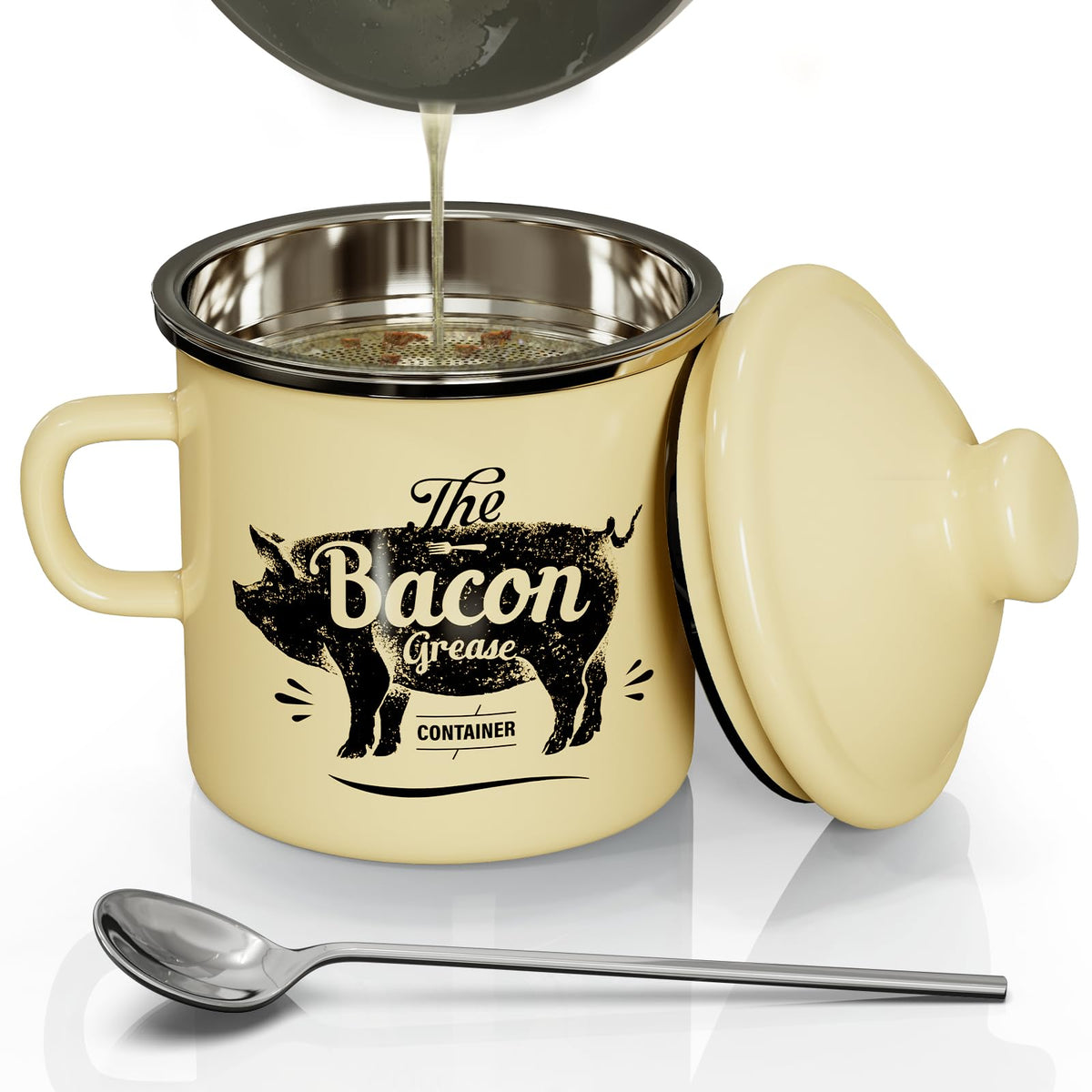PGYARD mini bacon grease container with strainer keeps fat separate for clean reuse.