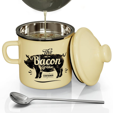 PGYARD mini bacon grease container with strainer keeps fat separate for clean reuse.