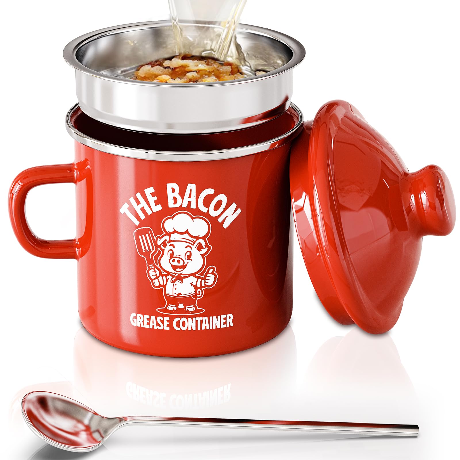 PGYARD mini bacon grease saver with strainer in red for easy oil filtration.