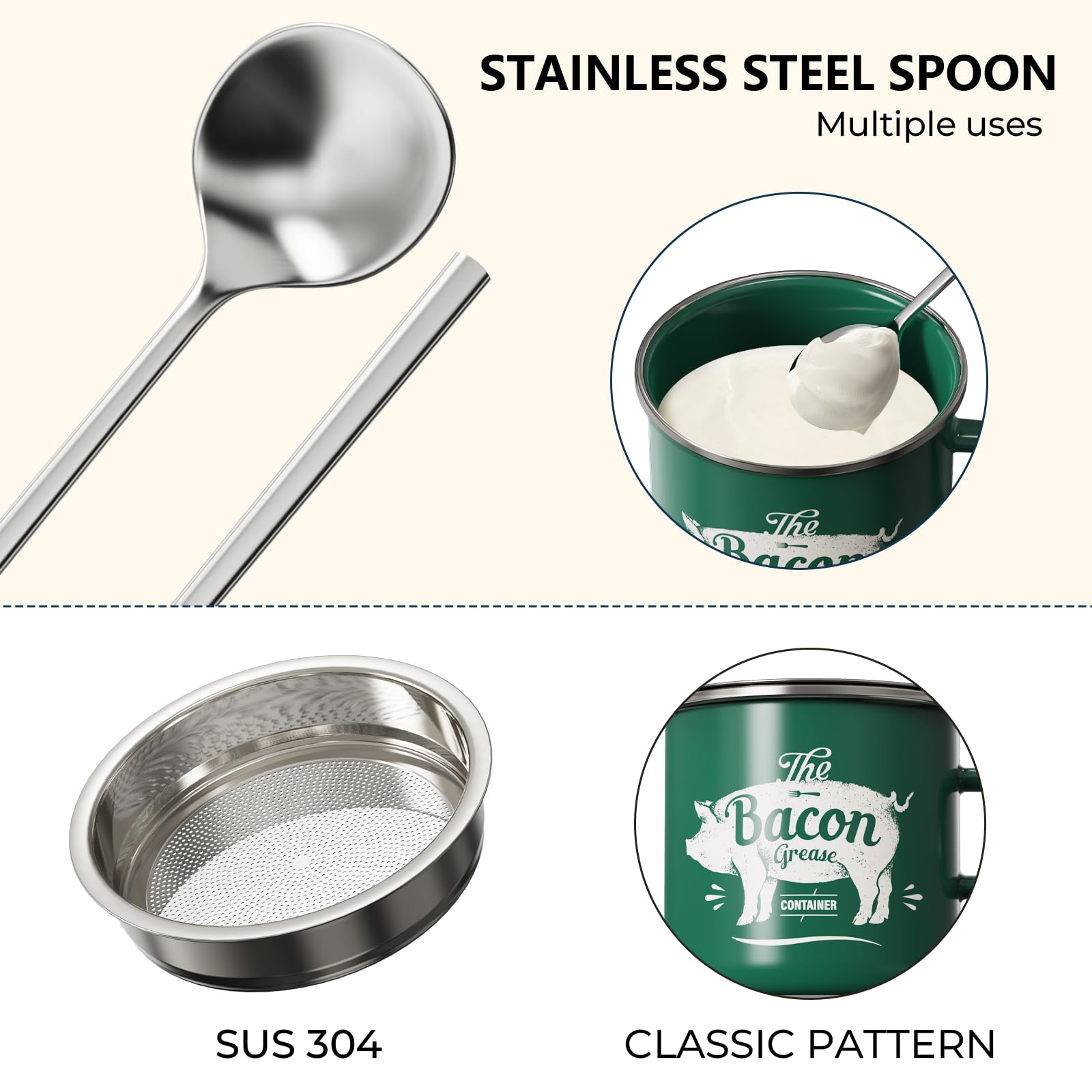 PGYARD removable stainless steel strainer shown for clean bacon grease separation.