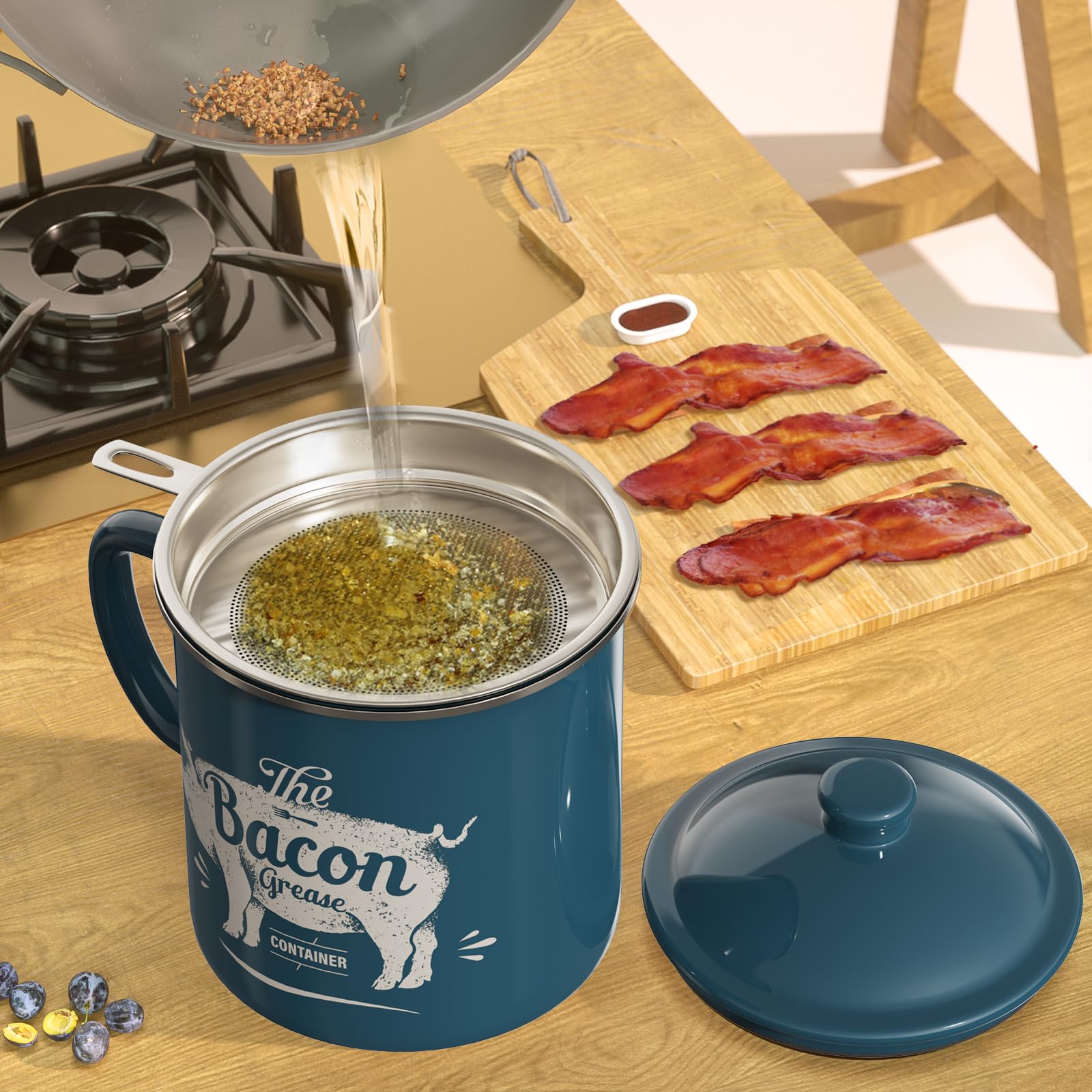 PGYARD removable stainless steel strainer filters fat and solids during storage.