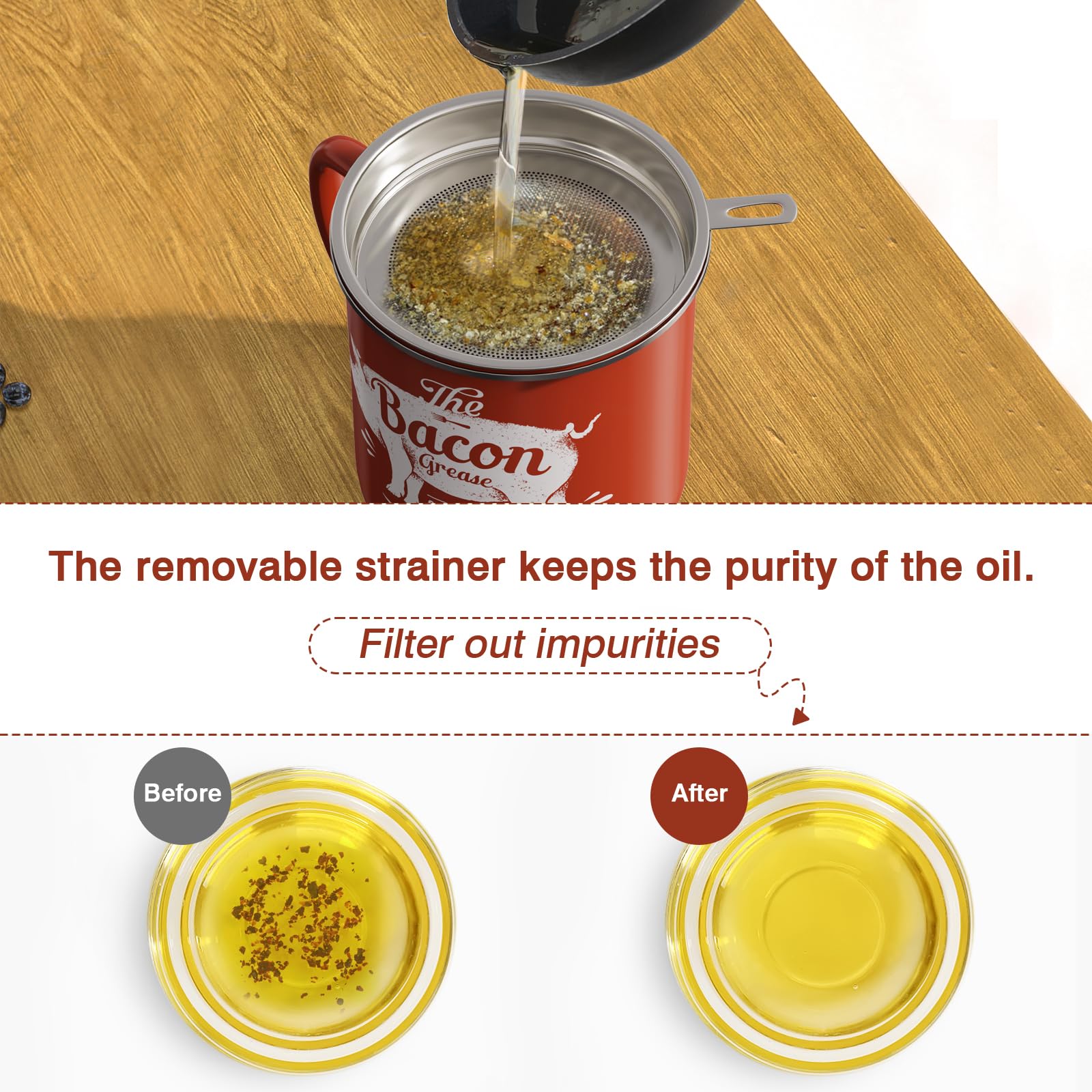 Removable 304 stainless steel strainer filters fat for clearer bacon grease.