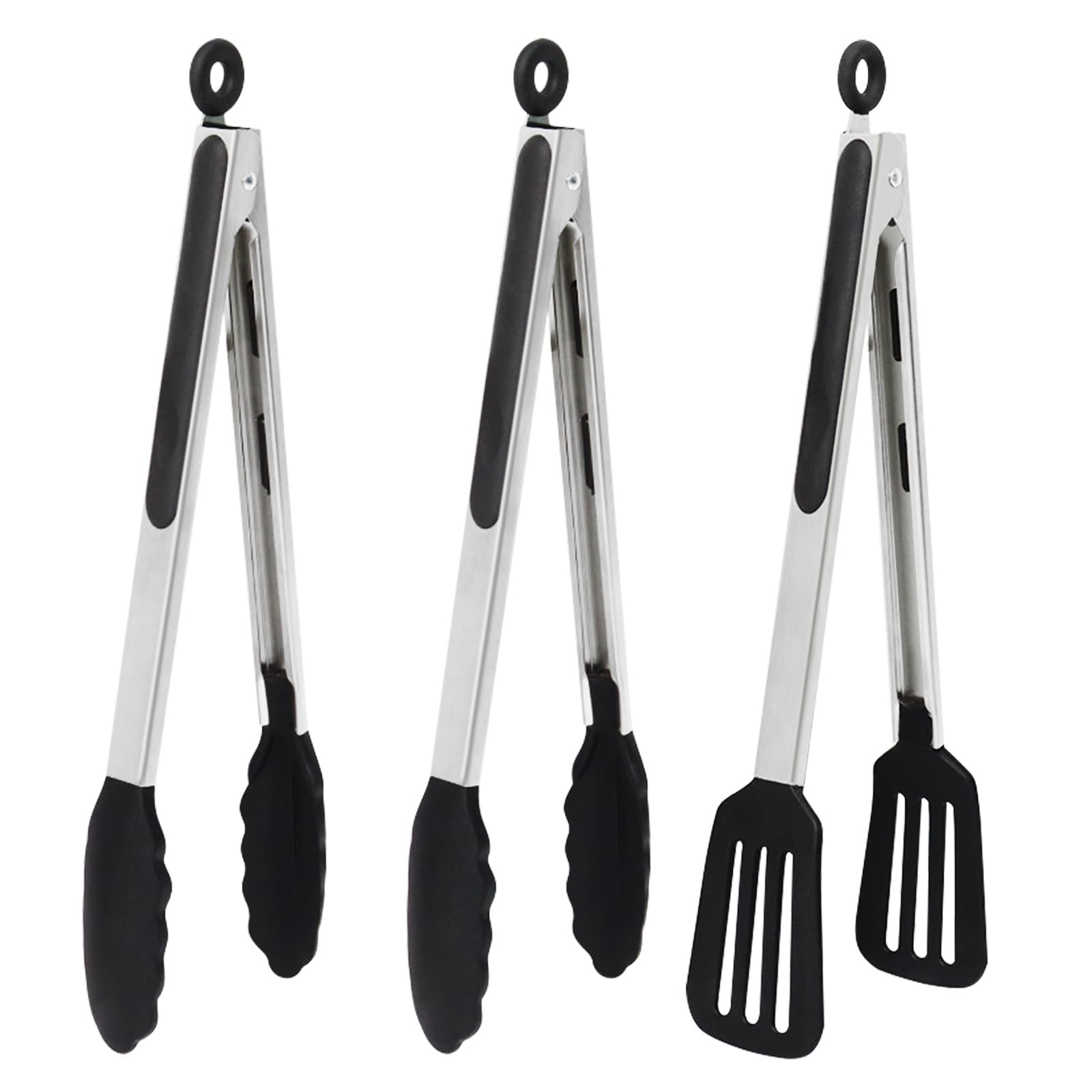 Pharamat 12-inch kitchen tongs set of 3 ready for versatile cooking tasks.