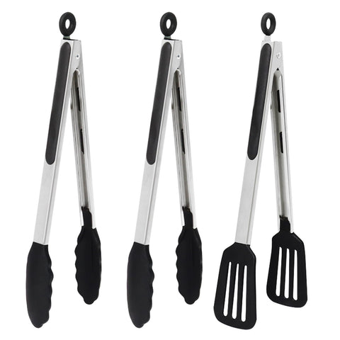 Pharamat 12-inch kitchen tongs set of 3 ready for versatile cooking tasks.