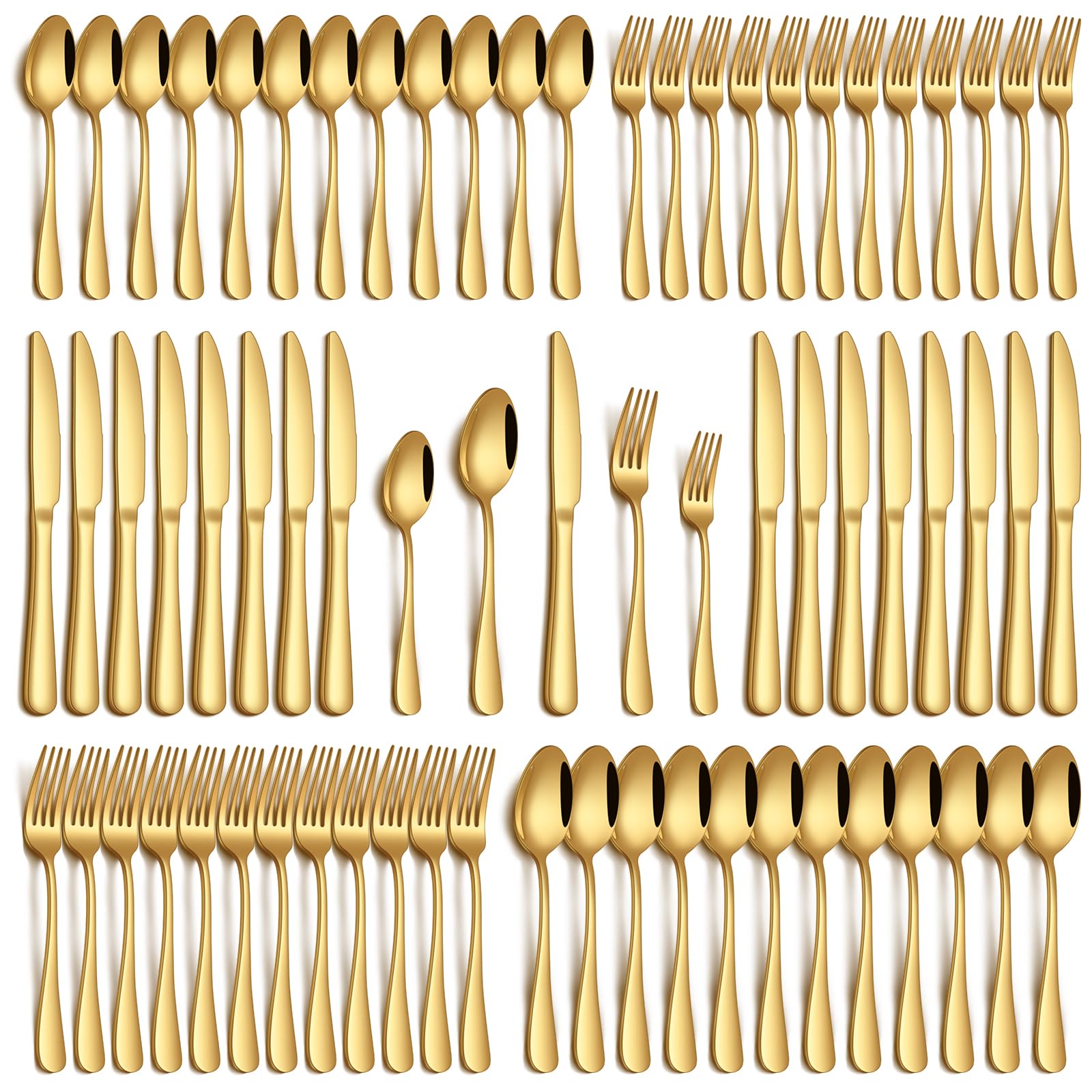 Philipala gold flatware set on table, twelve-place setting with mirror polish for upscale dinners