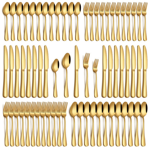 Philipala gold flatware set on table, twelve-place setting with mirror polish for upscale dinners