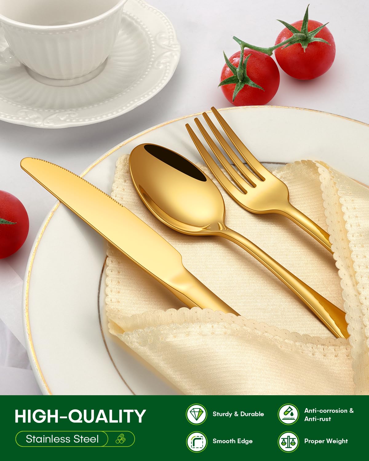 Philipala stainless steel gold flatware with dishwasher-safe compatibility and shine