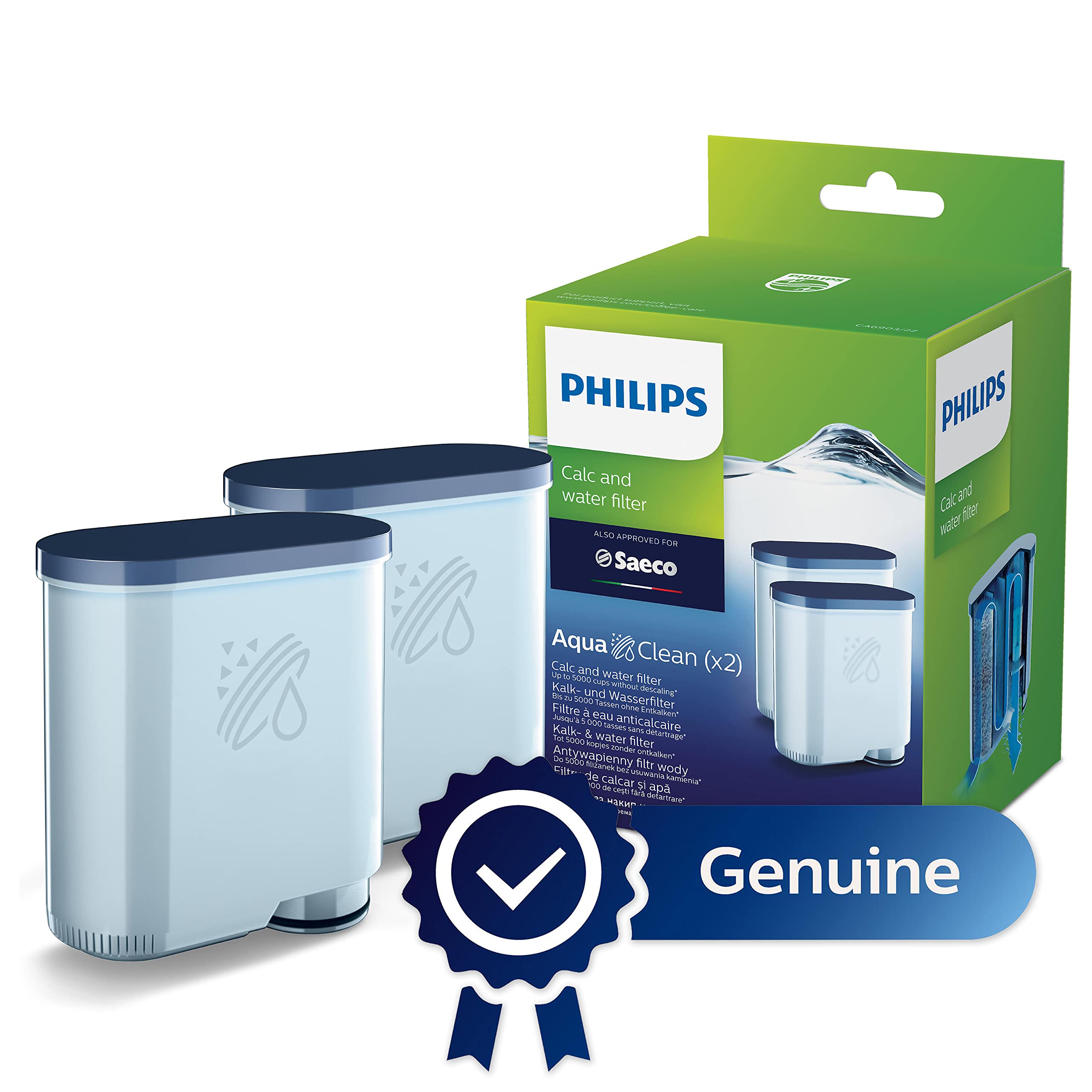 Two AquaClean filters in packaging provide long descaling protection.