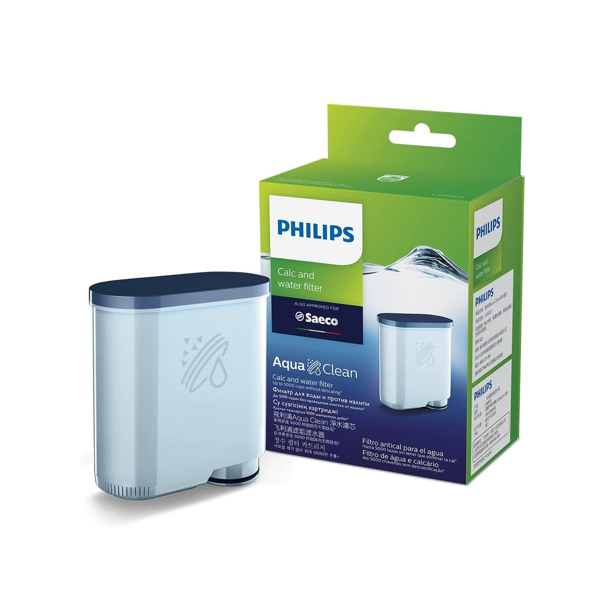 Philips AquaClean original filter box showing descaling prevention feature