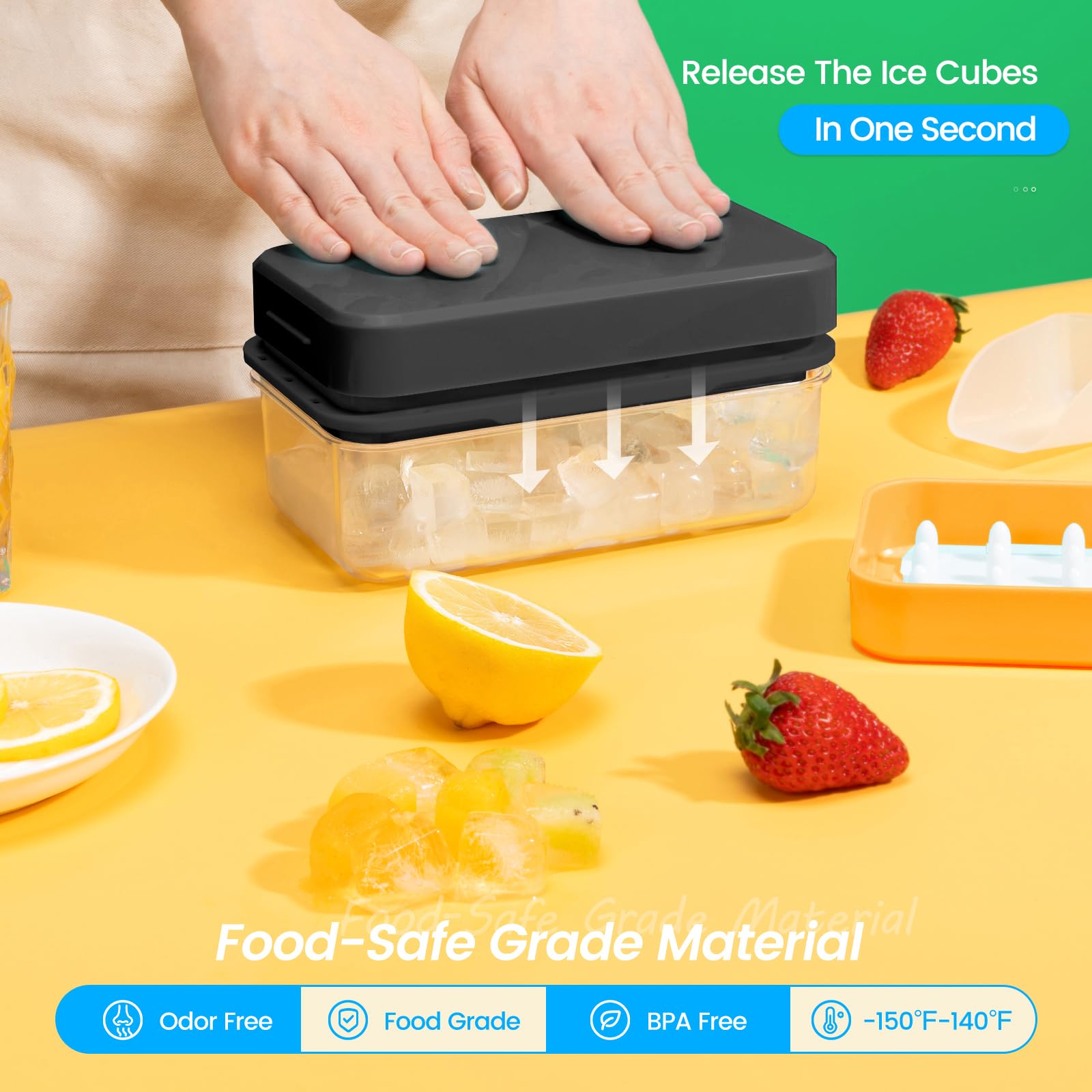 PHINOX push-release mechanism showing fast unmolding of ice cubes.