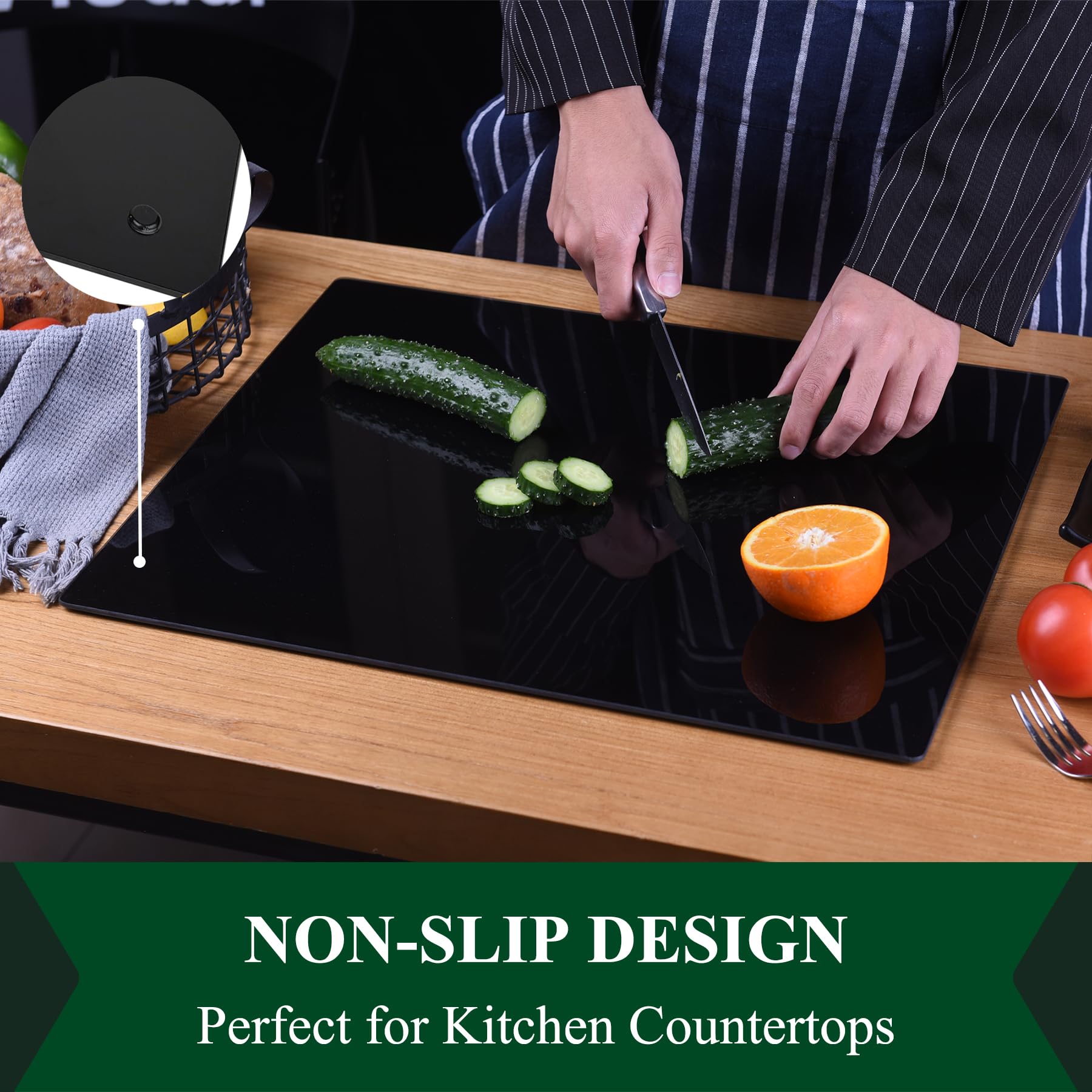 Phore cutting board with non-slip feet stays secure during prep tasks.