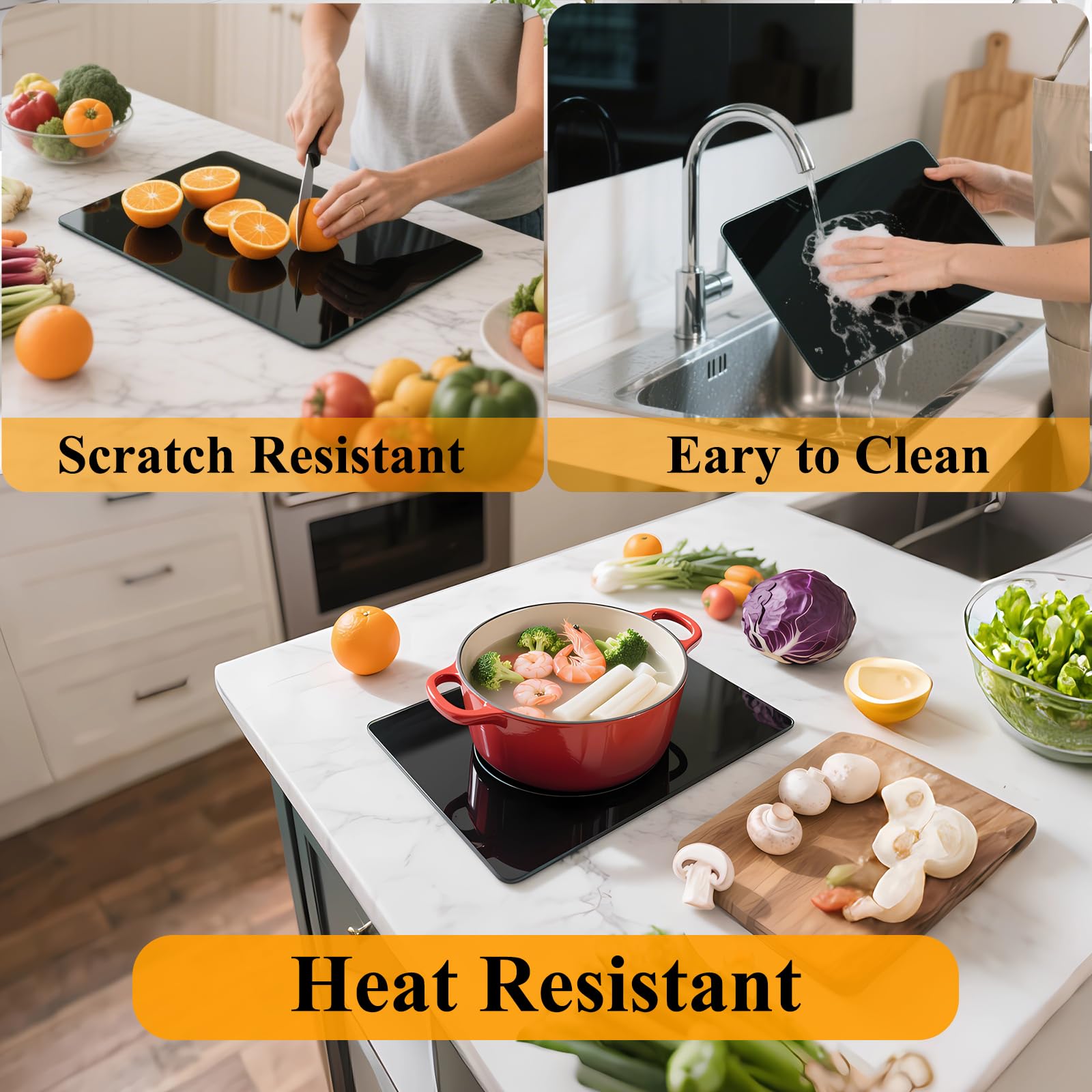Phore cutting board's heat resistance protects counters when placing hot pots.