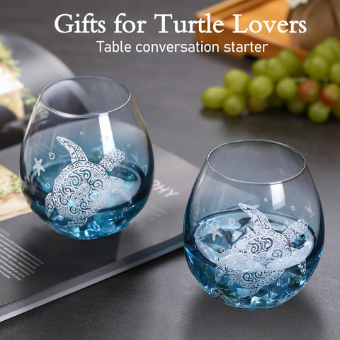 Physkoa hand-blown stemless wine glass with sea turtle motif for everyday use.