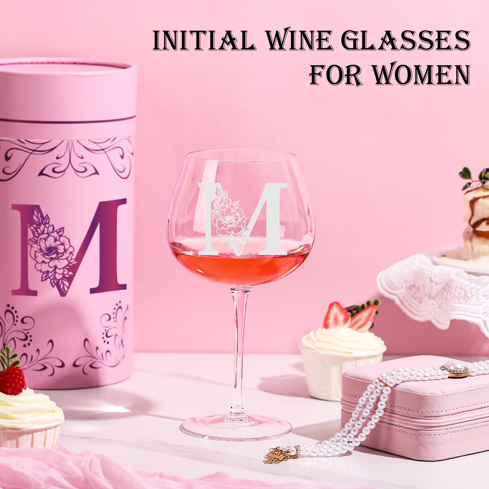 Monogram engraved wine glass highlights personalization for mom, wife, or friend.