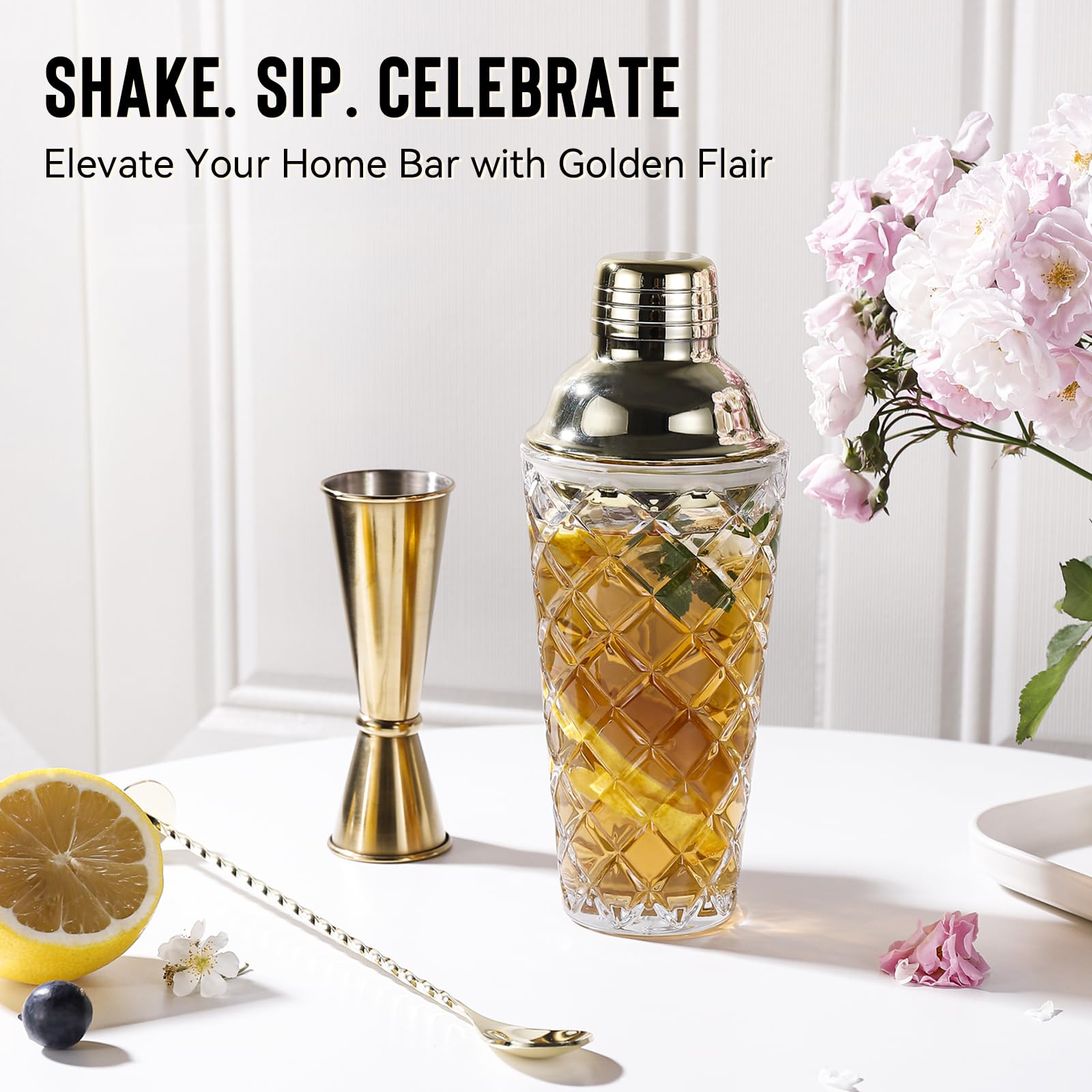 Physkoa shaker lid with built-in strainer and gold finish for clean pours